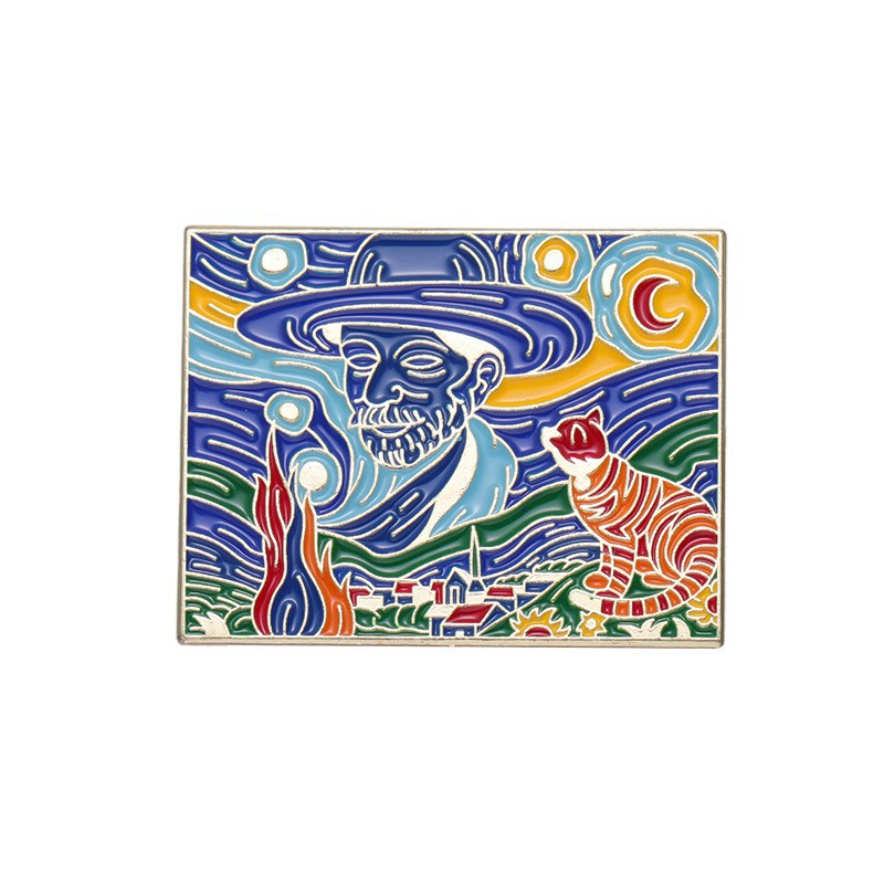 Pintura al óleo de cielo estrellado, girasol, chica, geométrico de metal, insignias, broche, alfileres de esmalte, etiqueta, bolsa, mochila, sombrero, de joyería: Color oro puro