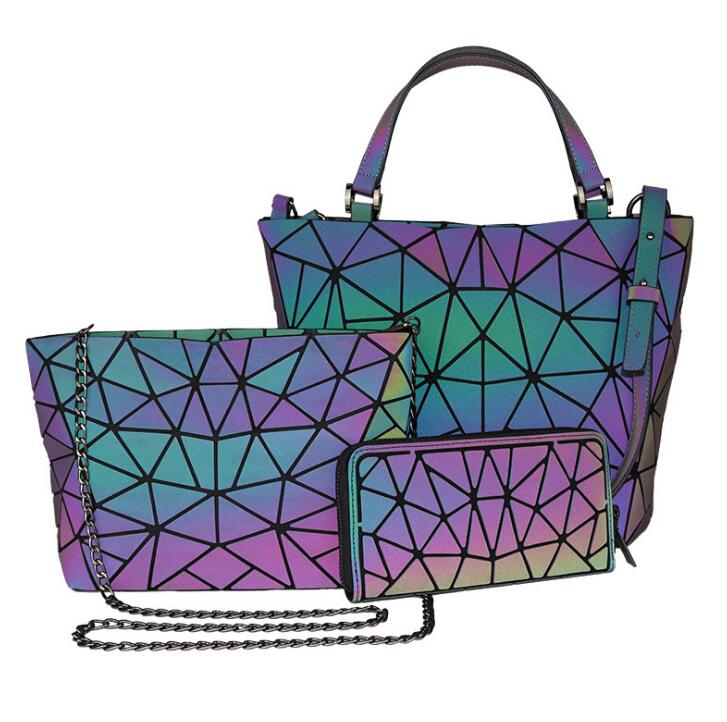 1 ensemble sac lumineux femmes géométrique sacs à bandoulière hologramme fourre-tout matelassé pliant sacs à main géométrie sac grande capacité sac à main: luminous one set