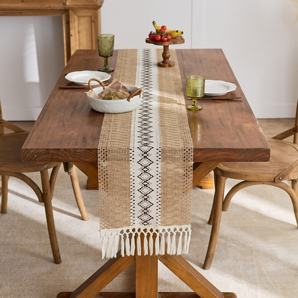 1pc Boho Table Runner for Home Decor with Tassels Long Farmhouse Rustic Brown Macrame Burlap Table Decoration for Living R