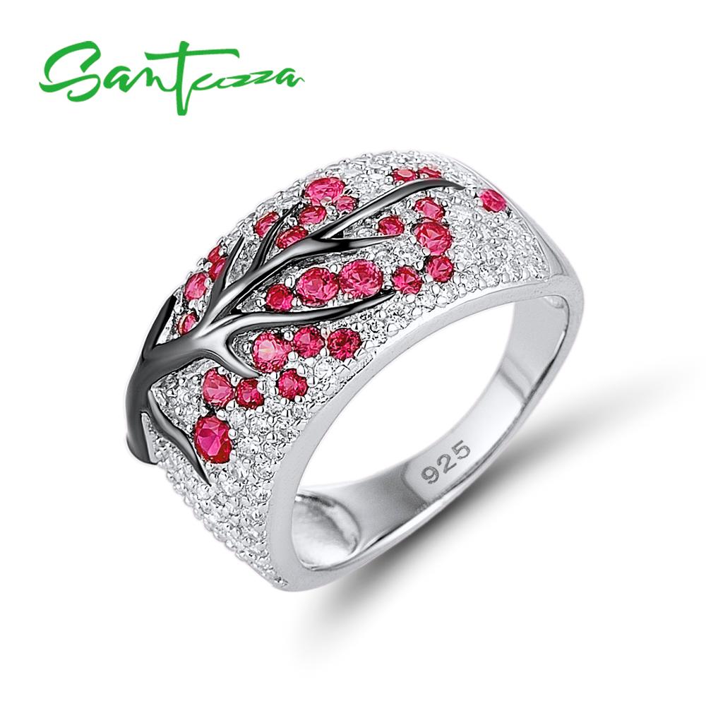 SANTUZZA Silver Ring for Women Genuine 925 Sterling Silver Pink Cherry Tree Cubic Zirconia Ladies Delicate Jewelry