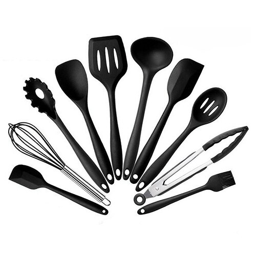 Utensilios de cocina, horno de silicona resistente al calor de 10 piezas y conjunto de utensilios para cocina-Turner, batidor, cuchara, cepillo, espátula, pinzas: Black 10pcs