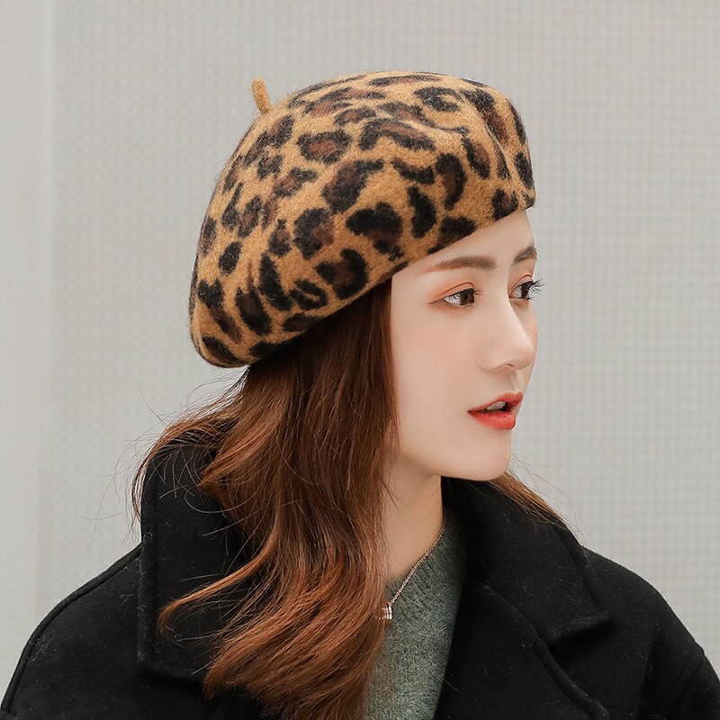 Caluriri Leopard Pattern Warm Wool Winter Thick Wool Women Girl Beret French Artist Beanie Hat Cap For Female: 4