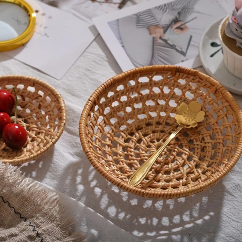 Mini plateau de rangement en rotin 11/15cm, panier rond tissé à la main, panier en osier, présentoir de pain, de fruits et de petit déjeuner