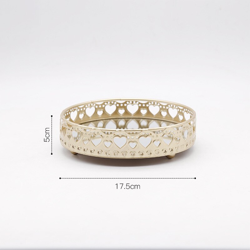 Retro golden iron glass metal storage tray golden round fruit tray desktop small items jewelry display tray mirror: Small-H