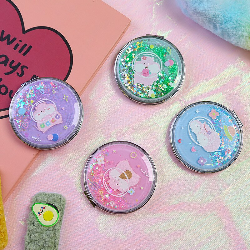 Portable Double-Sided Folding Cosmetic Mirror Girl Flowing Sparkling Sand Mini Avocado Makeup Mirror Compact Pocket Mirrors