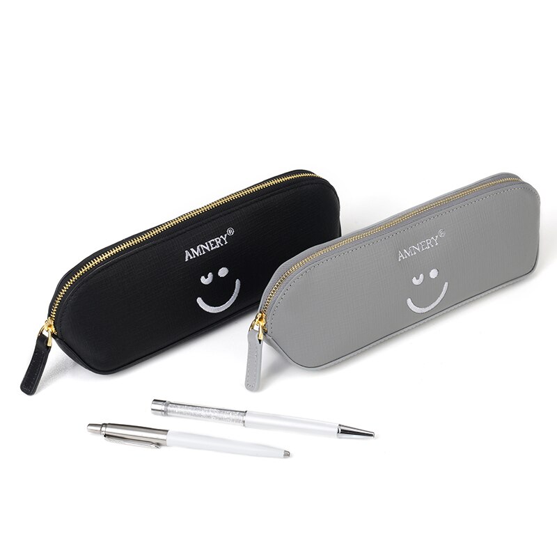 Amnery Leren Pennen etui - Hand Geborduurd Smiley Rits Potlood Tas