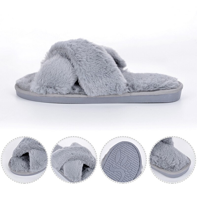 Pantuflas de peluche para el hogar para mujer, zapatos cálidos de invierno para mujer, zapatillas planas deslizantes para mujer, zapatillas de piel sintética 36-41 al por mayor