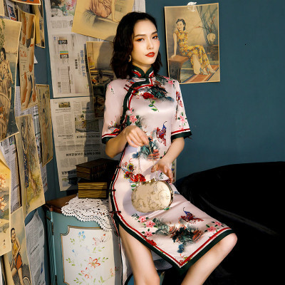 Sheng Coco Pink Chinese Silk Dress Silky Knee Length Chinese Cheongsam Qipao Women Classic Party Short Gown Oriental Dress: L
