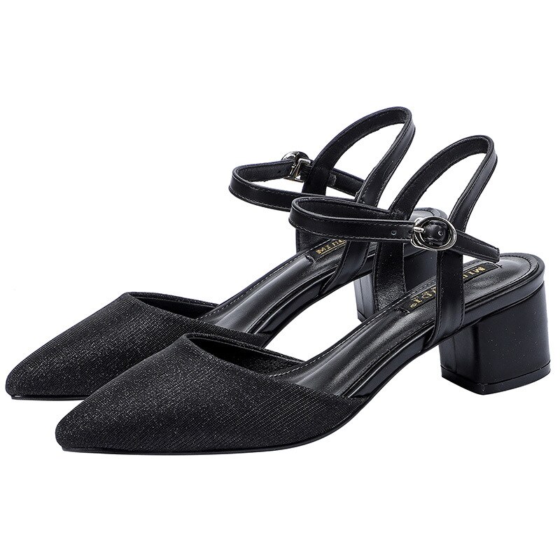 Zapatos de tacón bajo para mujer, estilo coreano, con lentejuelas brillantes, para boda, sandalias de gladiador con tacones cuadrados.: Negro / 4.5