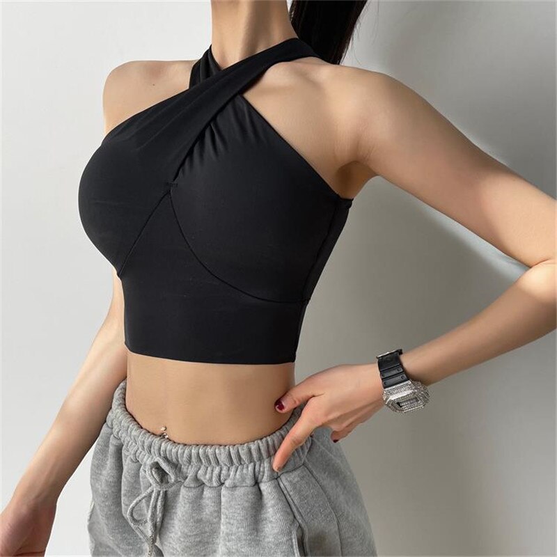 Sujetador deportivo de soporte alto para mujer, sujetador de gimnasia deportivo Bh, chaleco de Fitness con realce para Yoga, Top deportivo acolchado, ropa activa: Black / L
