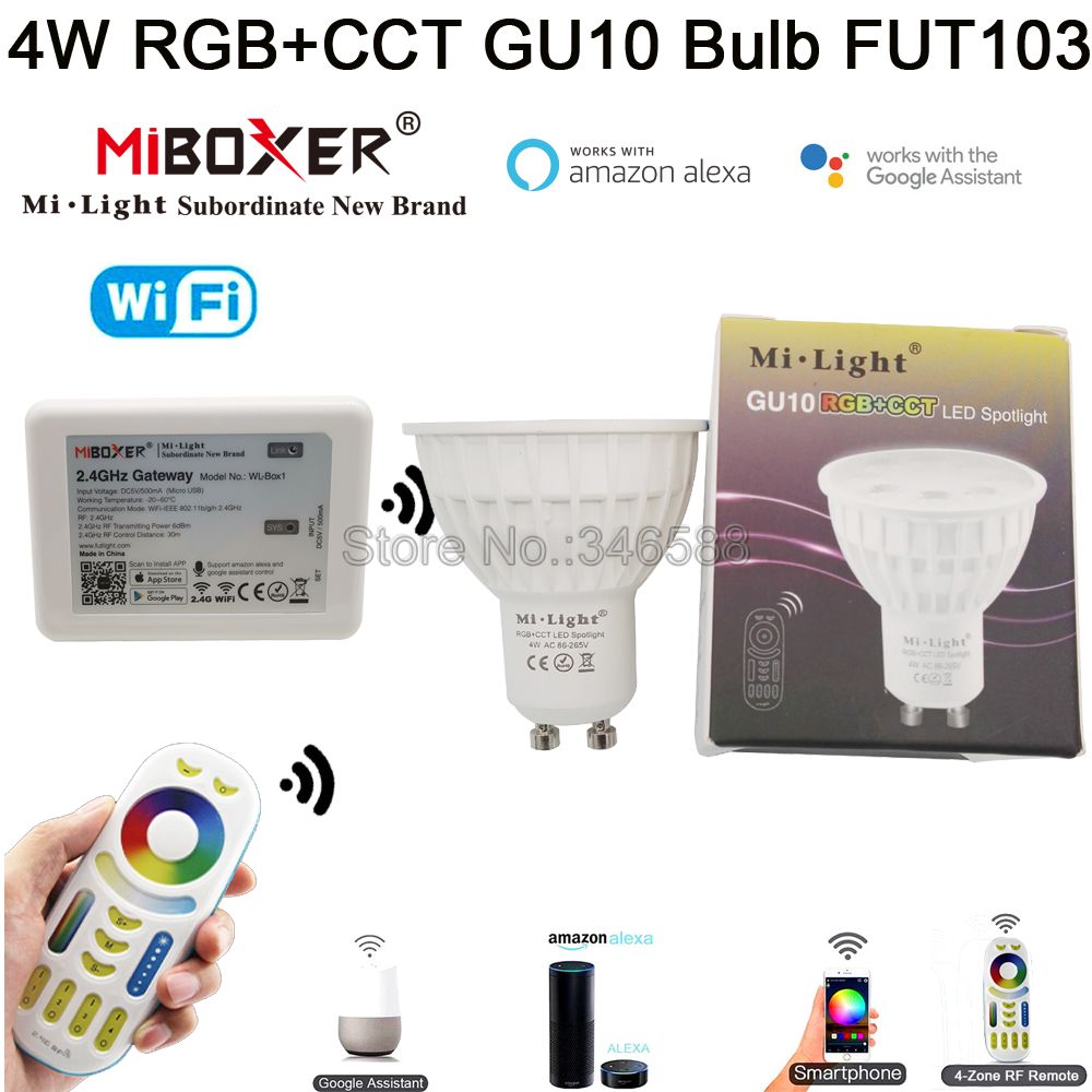MiLight 4W RGB + CCT Smart WiFi Led Lamp GU10 AC85-265V 2.4G 4-Zone Afstandsbediening/ smartphone APP/Alexa Google Voice Control