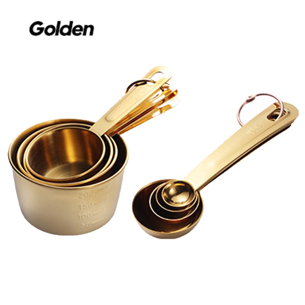 Full rostfritt stål mätkopp sked kök bakning matlagning verktyg set rosa guld skedar kök levererar mesuring koppar: F