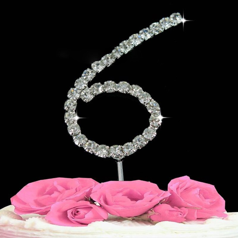 Nubmer 0 ~ 9 Verjaardag Cake Topper Rhinestone Crystal Diamond Flash Huwelijk Anniversary Silver