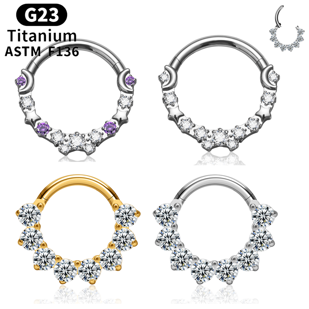 ASTM G23 Titanium Ronde CZ Piercing Septum Hoop Scharnier Neusring Kraakbeen Clicker Daith Tragus Helix Oorbellen Lichaam Sieraden