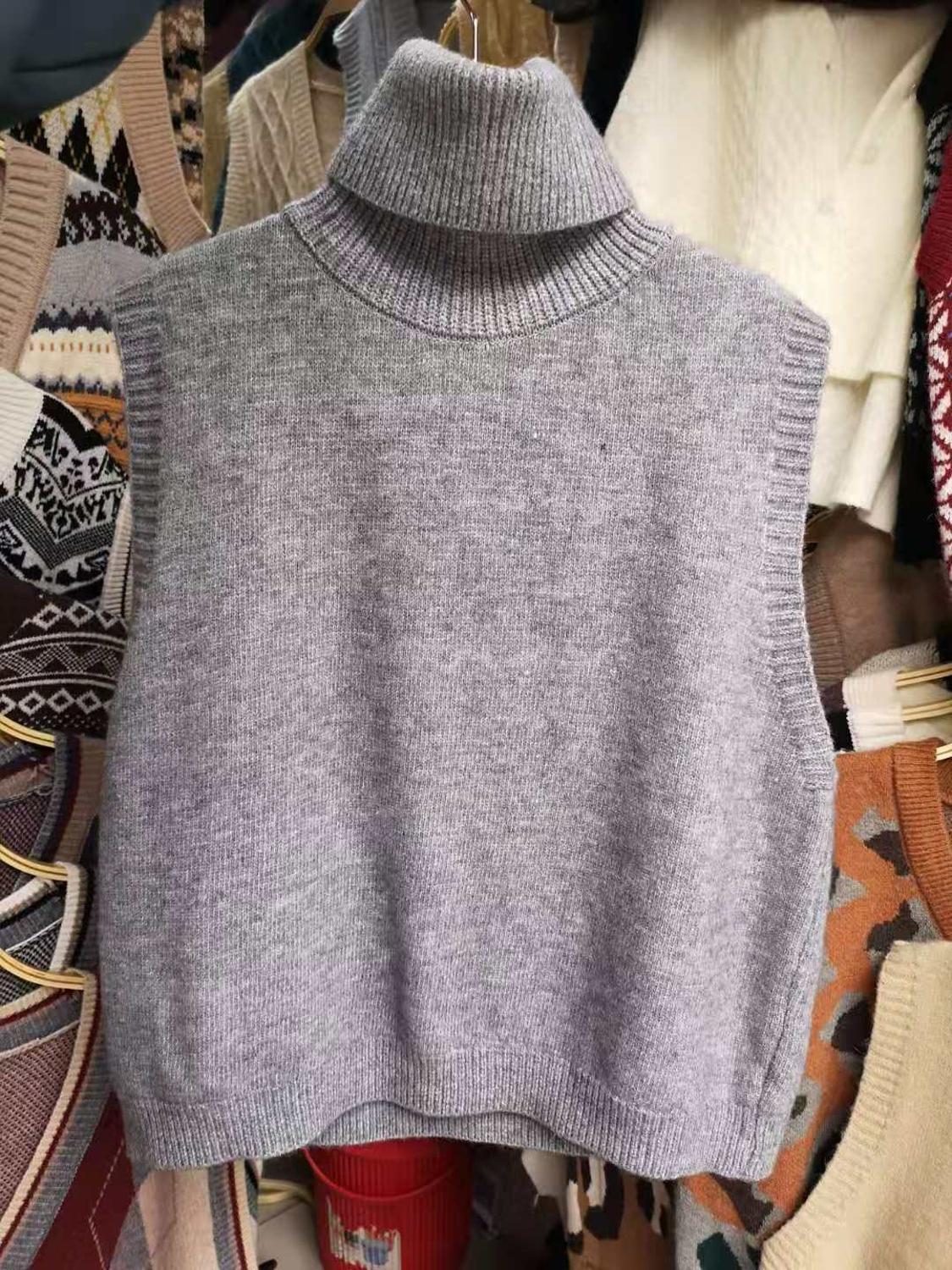 Mjuk ulltröja väst kvinnor vinter koreansk stil vintage turtleneck ärmlös tröja lös väst stickad linne  t561: Ljusgrått