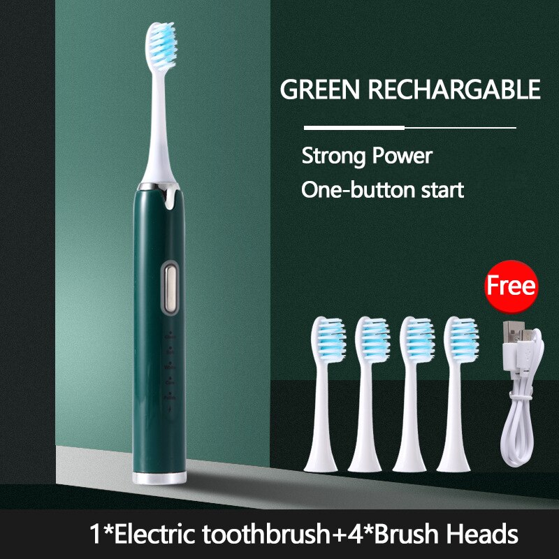 Genopladelig sonisk elektrisk tandbørste med udskiftning af tandbørstehoveder 5 tilstande vandtæt ultralydsbørste voksen: Grøn genopladelig
