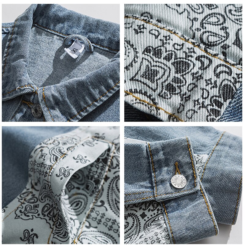 Chaqueta vaquera con estampado de flores de anacardo para hombre y mujer, ropa informal de algodón estilo Hip Hop, con retazos de bloque de Color, para otoño,