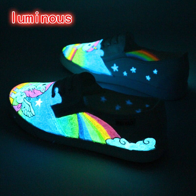 Nieuws lichtgevende canvas schoenen voor dames, handbeschilderd, instappers, glow in dark schoenen, persoonlijkheid, straatpat, wit, grote maat