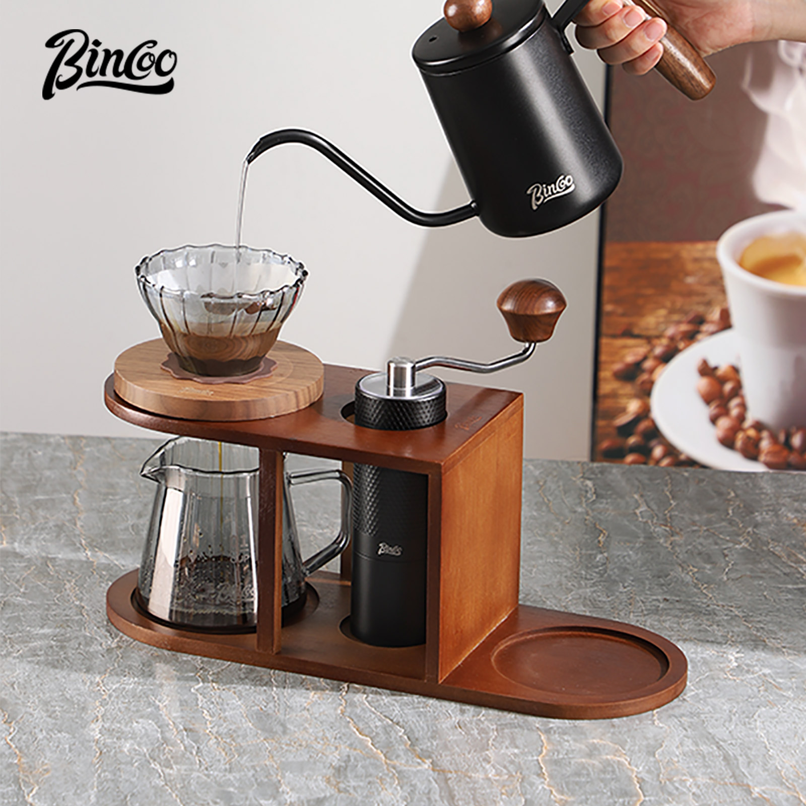 Bincoo rack de armazenamento de moedor de mão de grãos de café, armazenamento doméstico portátil, copo de filtro, suporte especial acessórios de café fabricado à mão