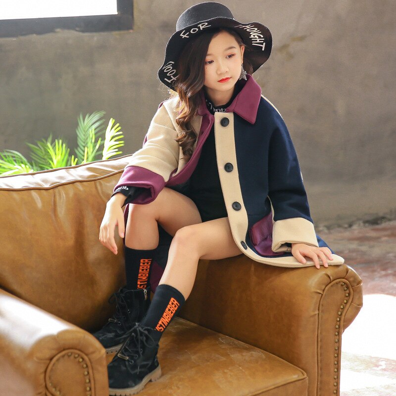 Ragazze Cappotto di Lana 2019 Autunno Inverno Dei Capretti Dei Vestiti Dei Bambini di Abbigliamento di Moda Patchwork di Spessore Caldo Outwear Ragazze Adolescenti Vestiti