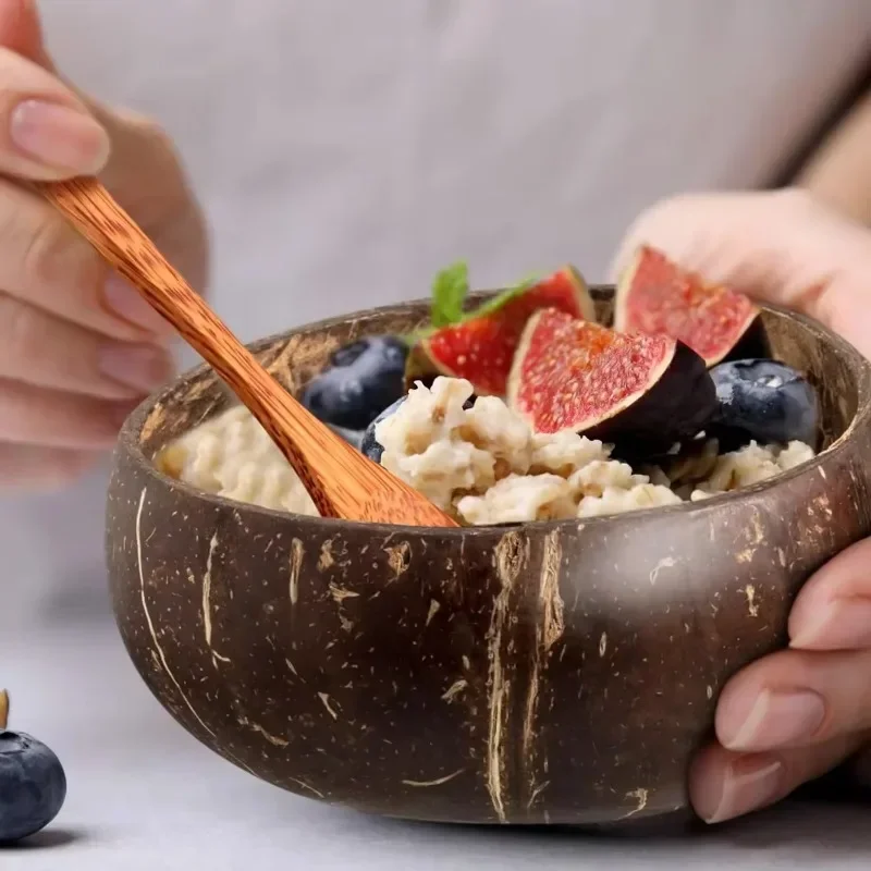 Tigelas de coco naturais por atacado para servir pratos salada aveia iogurte reutilizável tigela de casca de coco de madeira conjunto de utensílios de cozinha