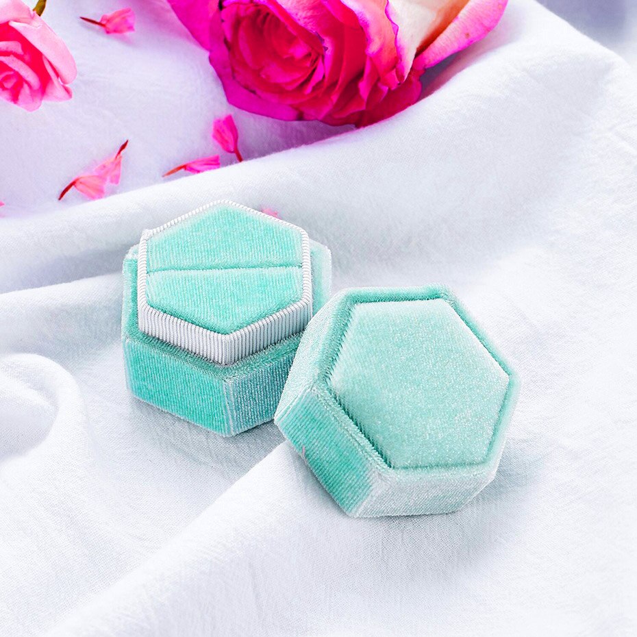 Kuololit Commercio All'ingrosso Anello scatola di Velluto per Le Donne Rosa verde blu rosso esagono Ottagono Rotonda rettangolo Contenitori di Monili per L'impegno: hexagon  green