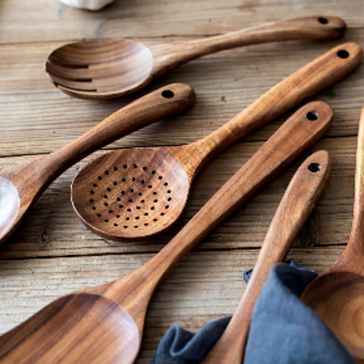 Utensilios de cocina de madera, juego de cuchara y espátula para el hogar, cuchara para ensalada, tenedor, cuchara agitadora, juego de cocina para hornear con cubo de almacenamiento