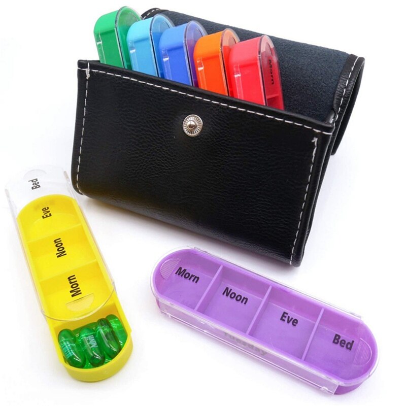 Caja de pastillas para organización estuche semanal bonito recordatorio de viaje diario AM PMDay noche 7 compartimentos con pastillero negro de cuero PU Cas