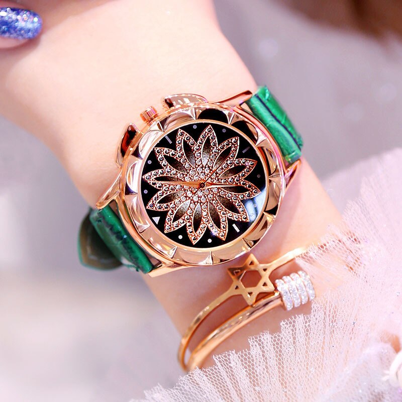 1PCs Rhinestone Women Quartz Watches Ladies Watch Leather Big Dial Crystal Diamond Flower Clock Bracelet Wrist Watch