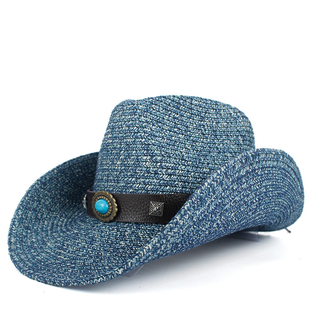 Zomer Outdoor Mannen Vrouwen Western Cowboy Hoeden Hand-geweven Strooien Hoed Ademend Strand Jazz Cap Zonnehoed Size 57-59 CM: Dark Blue