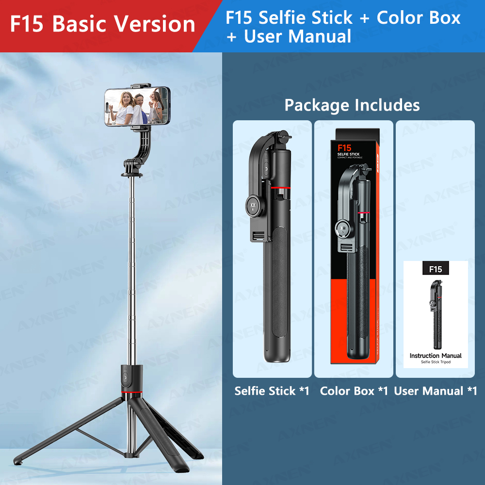 Trípode/palo selfie F15 con control remoto Bluetooth, poste extensible de 6 secciones, 360 ° Rotación, opción de luz de relleno, para teléfono Vlog: Negro