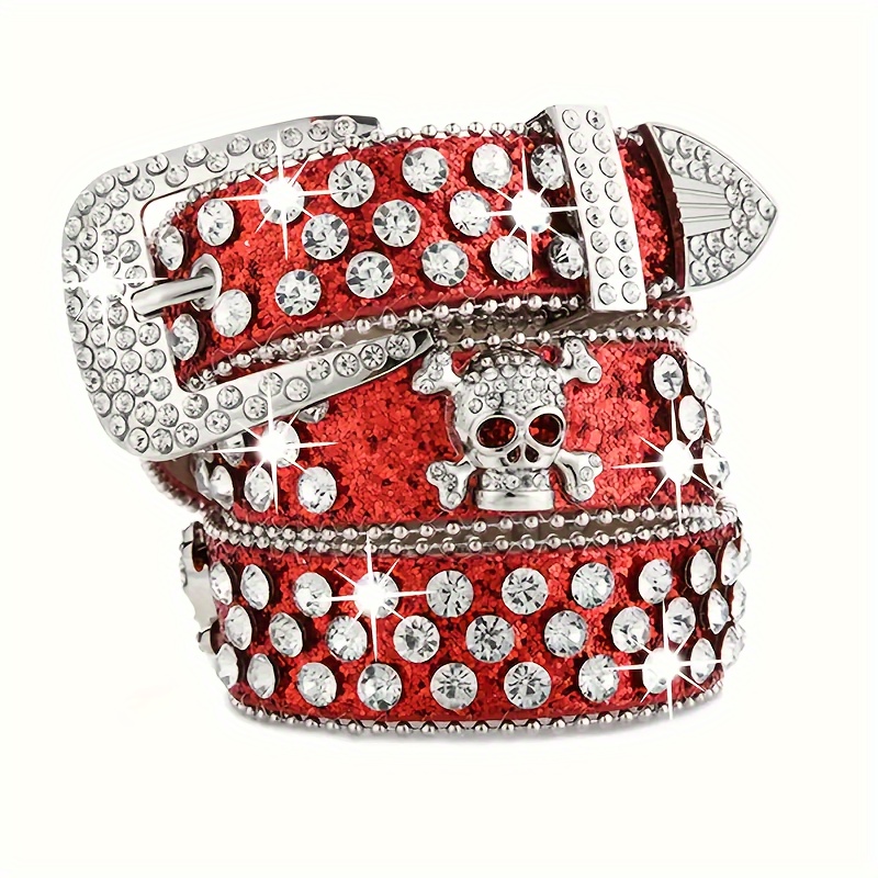 Cinturón Y2K estilo vaquera occidental con diamantes de imitación para mujer, cinturones BB de cuero Pu brillantes, accesorios para vestido vaquero: Rojo