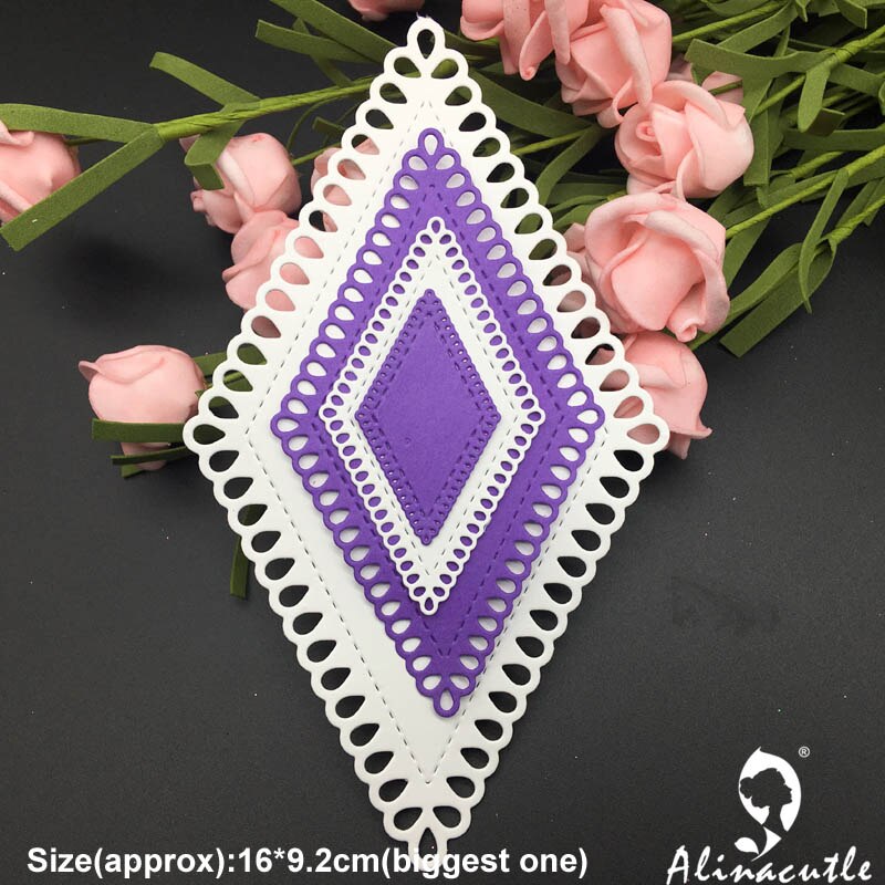Stansad metall skär stansar skär diamant riv romb ram alinacraft scrapbook papper hantverk album kort kniv konst cutter stans