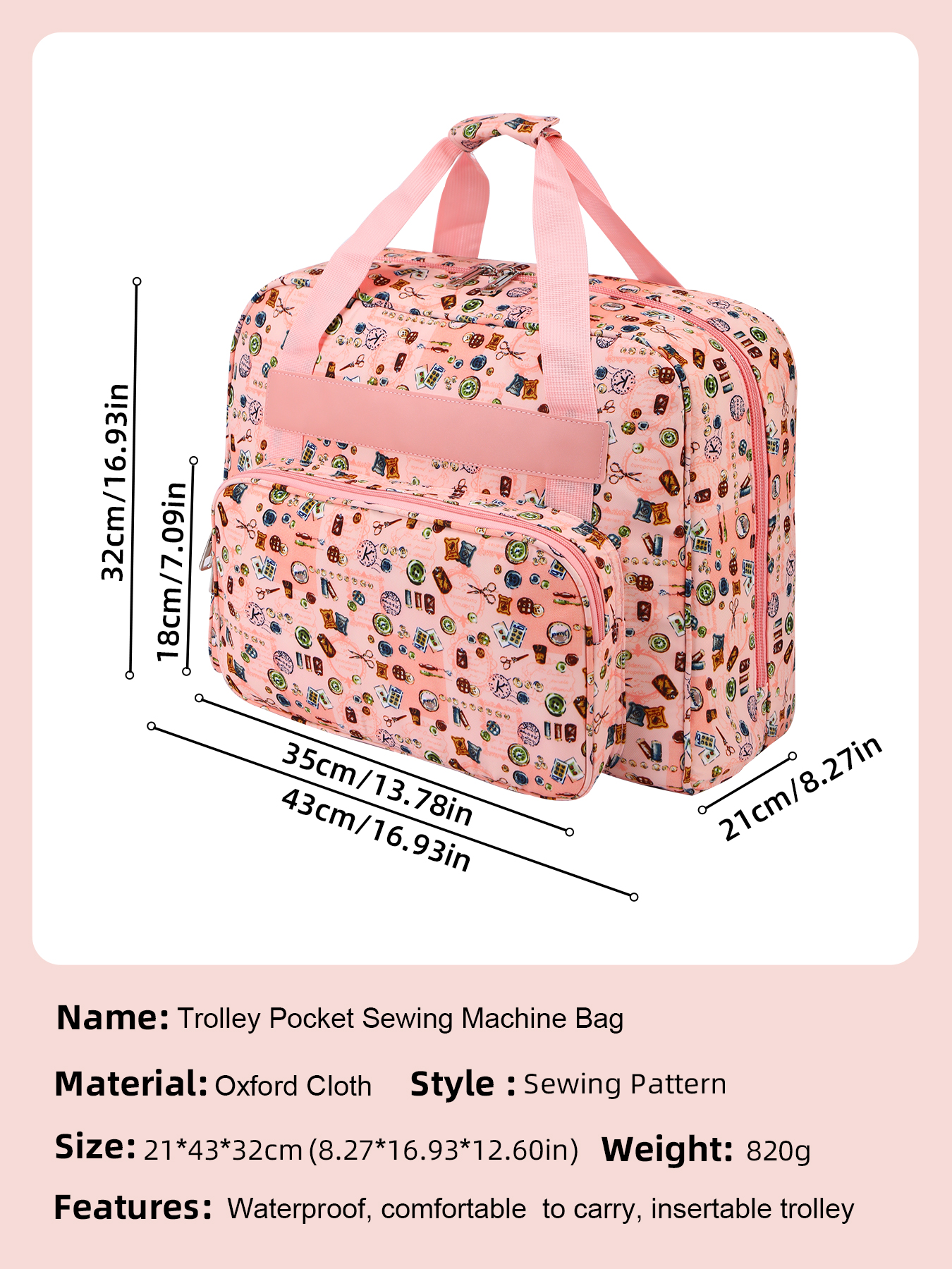 Bærbar symaskinveske med trekkstang, innstikkslommer for reise og et verktøysett for strikke- og sytilbehør