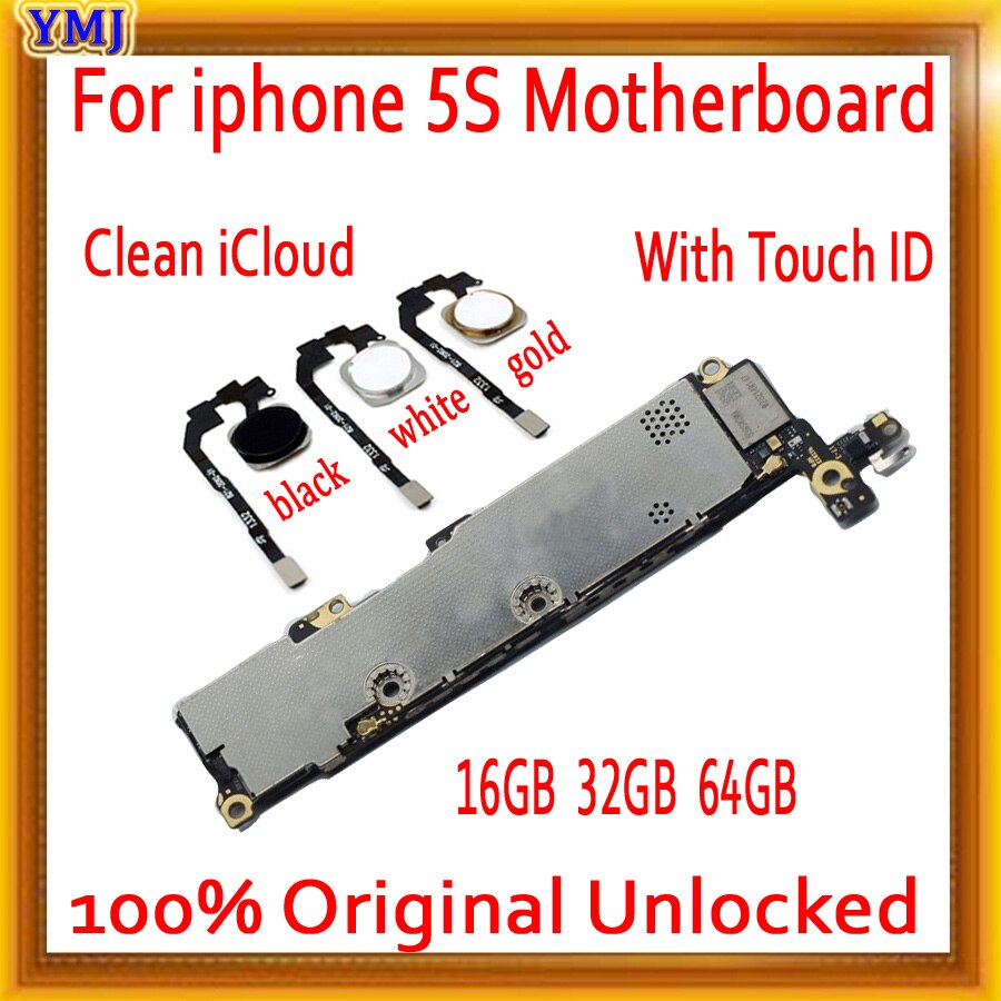 good working motherboard with / Without touch ID for iphone 5S 16GB 32GB 64GB unlocked mainboard IOS System logic board+chips