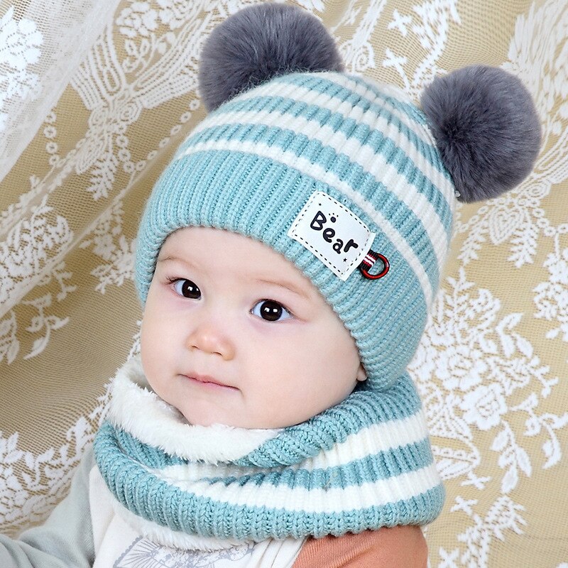 Conjunto de gorro y bufanda para niño y niña, gorro cálido para bebé, gorro tejido a rayas con oso, bufanda, accesorios de invierno, gorrito, Color caramelo: Light Grey