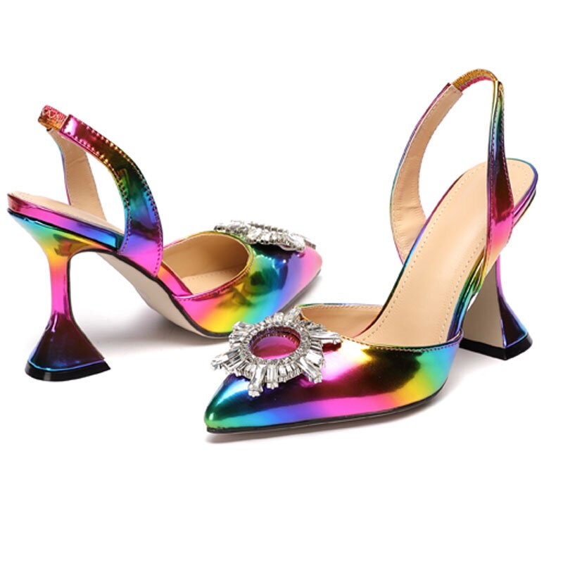 Regenboog Kleur Vrouwen Sandalen Elegante Spitse Neus Zon Stijl Strass Hoge Hakken Wieden Schoenen Spike Hak Slingback Pumps Sandalen