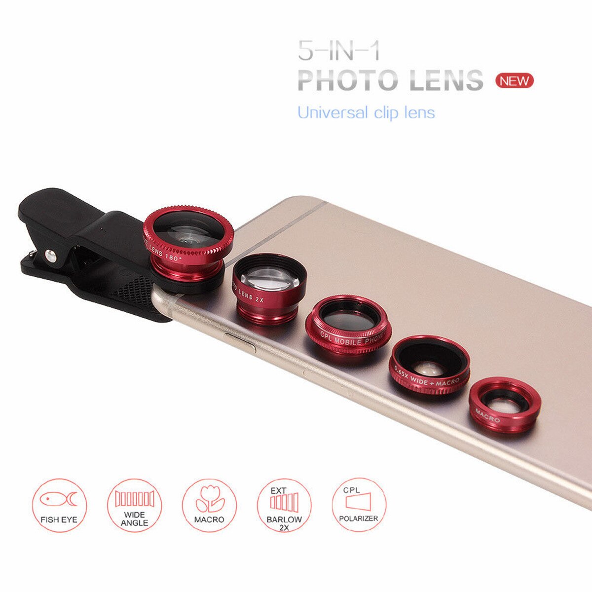 5-en-1 grand Angle Macro Fisheye lentille 2x grossissement caméra Kits téléphone portable poisson yeux lentilles avec pince pour iPhone pour Samsung