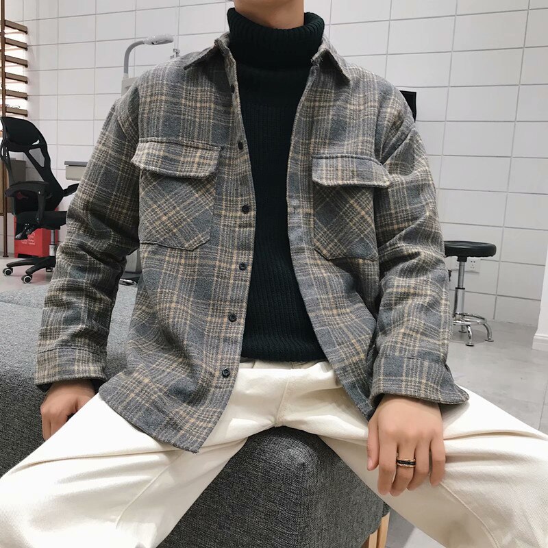 spring and autumn long-sleeved shirt male loose Korean casual couple tide brand woolen plaid shirt jacket