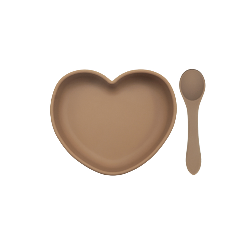 Plato de cena en forma de corazón con succión, juego de alimentación para bebé, cuchara de silicona pura, fácil de limpiar, sin BPA, para Baby Shower, novedad de 2022: 002-caly