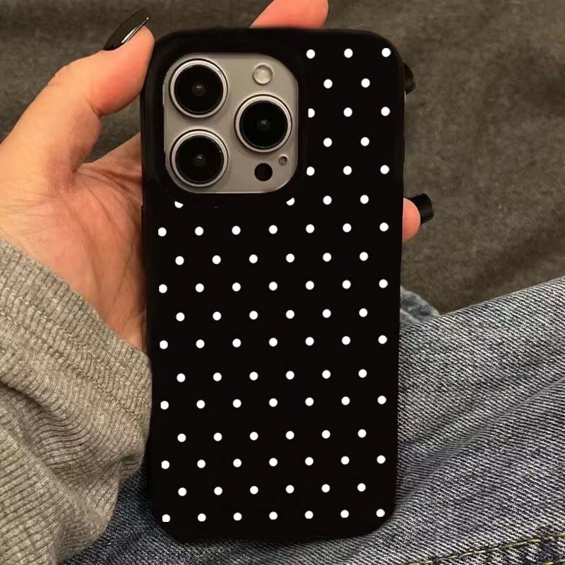 Korean INS White Polka-Dot Phone Case For iPhone 16 15 Plus 14 13 12 11 Pro Max X XR XS 16E 7 8 Plus Black Shockproof Soft Cover