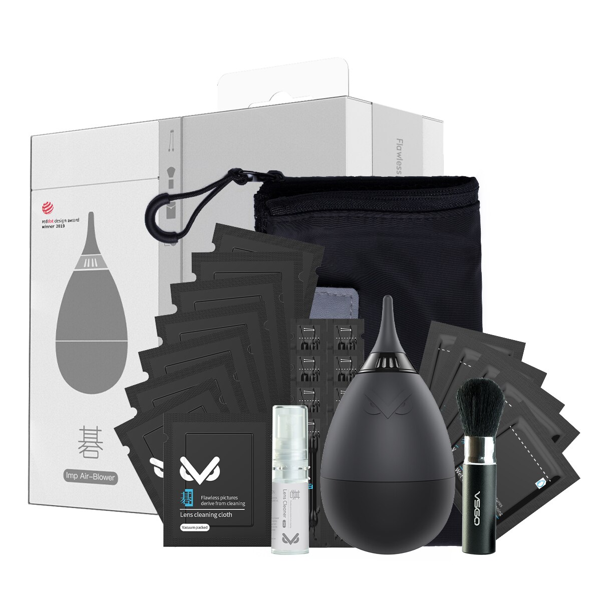 VSGO VS-A2E Kit de Nettoyage de Lentille avec Filtre Ventilateur Pliant Pochette Microfibre Lentille Chiffon Lingettes Humides