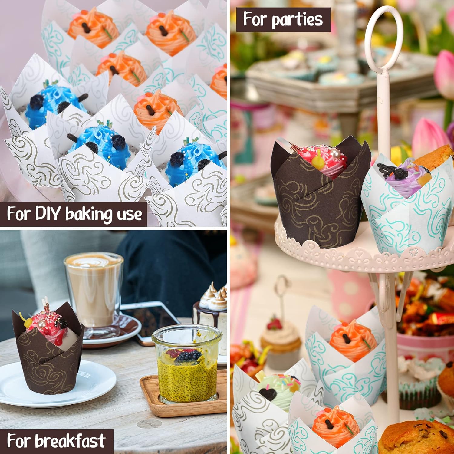 40/100/200 Stück Tulpen-Cupcake-Einlagen, Muffin-Cupcake-Papierverpackungen mit Golddruck, Backbecherhalter für Hochzeit, Geburtstag