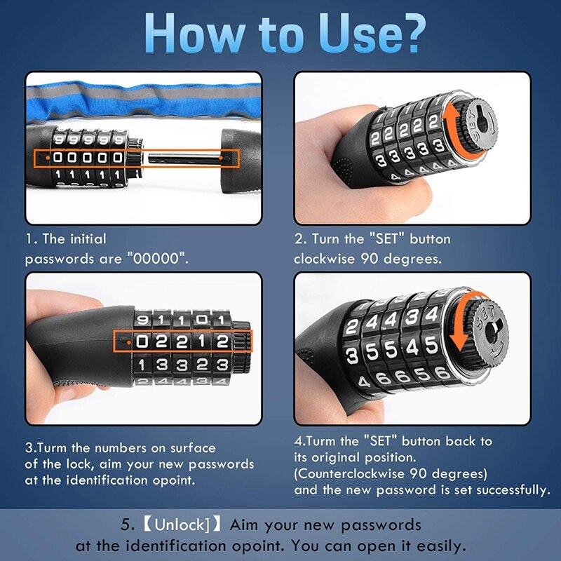 Bike Lock Combination 5 Digit, Cycle Chain Lock, Security Bicycle Chain Lock Heavy Duty Reflective Strips