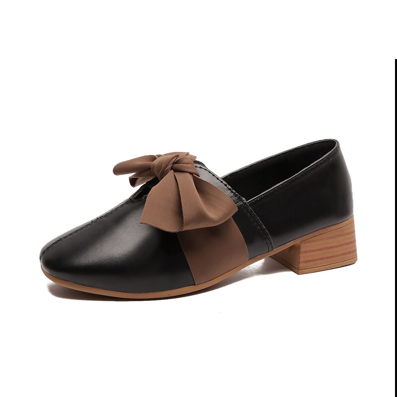 Zapatos informales con lazo para mujer, alpargatas planas de cuero, zapatos estilo oxford para dama, tacones cuadrados a la , sin cordones: Black / 9