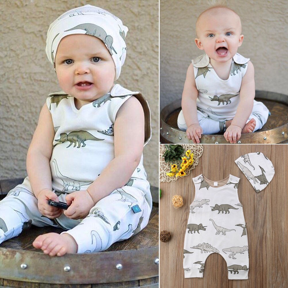 Pasgeboren Kids Baby Jongens Meisje Katoen Dinosaurus Patroon Mouwloze Ronde Hals Romper + Hoed Jumpsuit Playsuit 2 Stuks Kleding Outfits