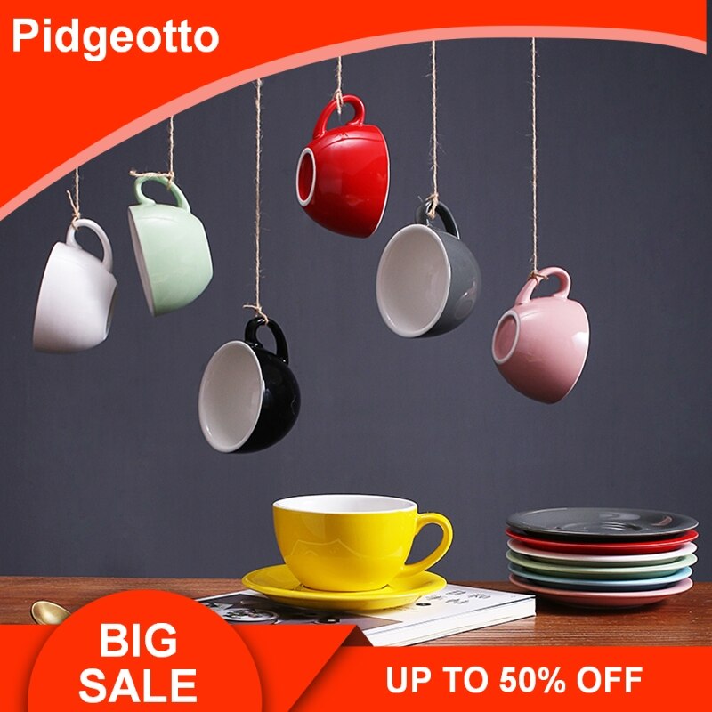 Taza de café artística Latte de boca ancha Macaron de 300ml con platillo, juego de tazas de café de cerámica esmaltada de colores gruesos europeos,