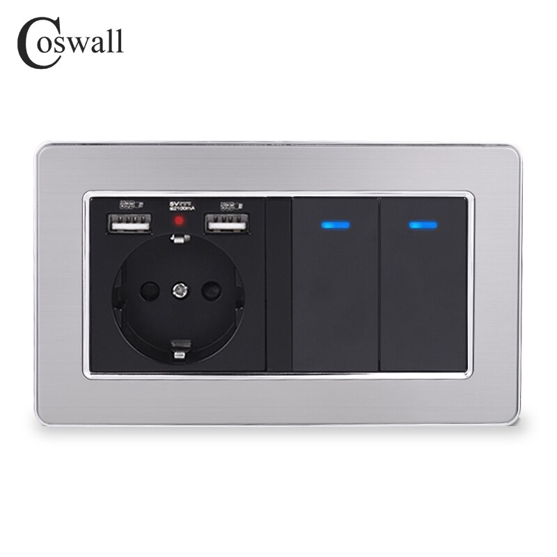 COSWALL Russland Spanien EU Standard Steckdose Mit 2 USB Ladung Hafen + 2 Gang 1 Weg Auf/aus licht Schalter Edelstahl Rahmen: Ursprünglich Titel