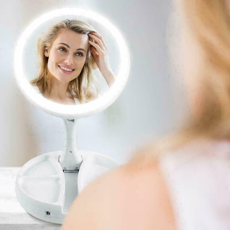 Espejo LED plegable para baño, iluminación inteligente con aumento de 10 aumentos, 13 pulgadas, para tocador, maquillaje