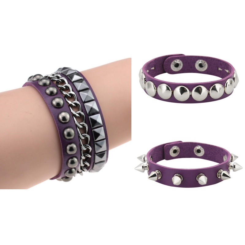 3PCS/Set Black Goth Emo Boho Bracelets For Men Women Punk Gothic Spike Rivets PU Leather Bracelet Bangles Party Jewelry: cobalt violet